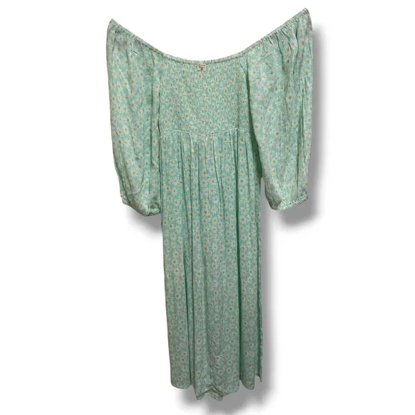 Billabong Mint Green Daisy Floral Smocked Off Shoulder Maxi Dress NWT Size Large - Image 3