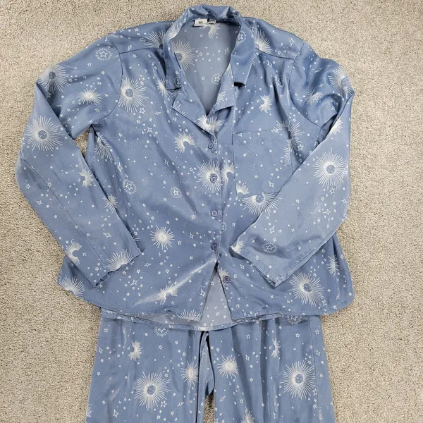 BP Celestial Pajamas Set Womens XS Blue White Sun Stars Moon Pants Button Top - Image 3