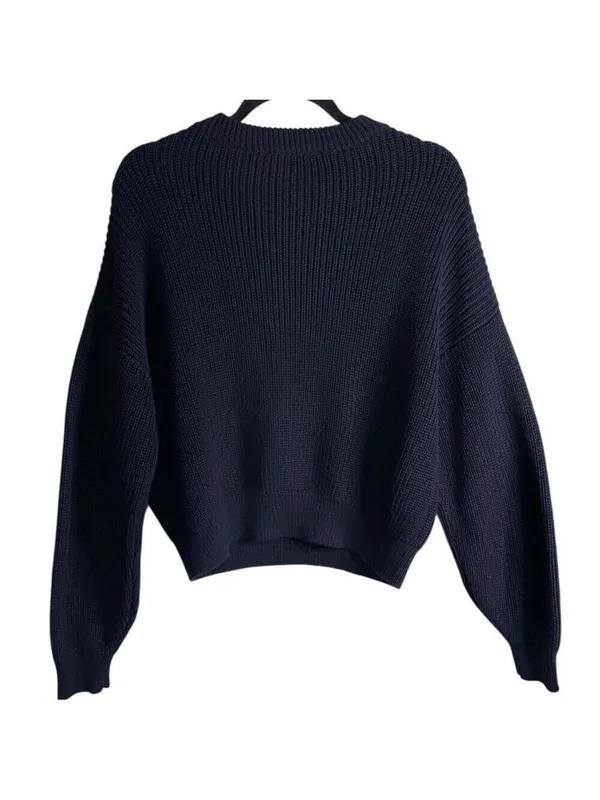 Brandy Melville Cropped Crewneck Sweater Navy Blue Women's Ribbed Cotton Size M - Image 3