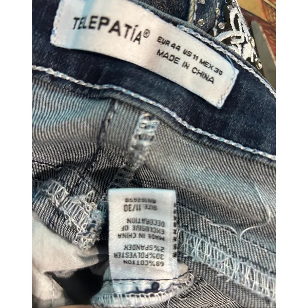 Telepatia Y2K Low Rise Wide Leg Jeans Rhinestone Embroidered McBling Sz 11 Diva - Image 7