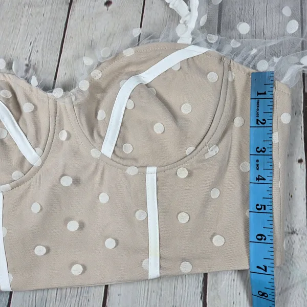 Hello Molly Malibu‎ Sunset Top White Beige Polka Dot Mesh Corset Crop M US 6 - Image 10