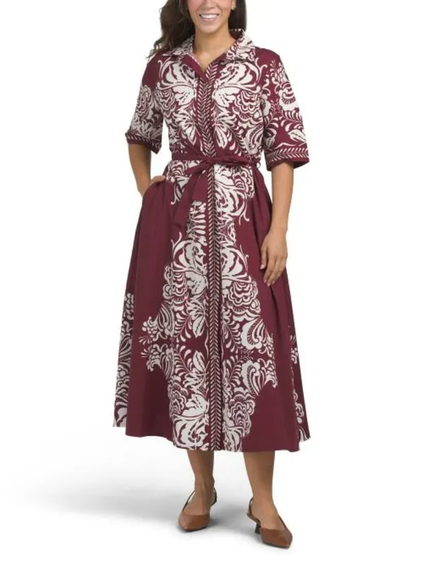 SPIGHE DI LINO Made In Italy Three-quarter Sleeve Border Print Maxi Dress - Image 2