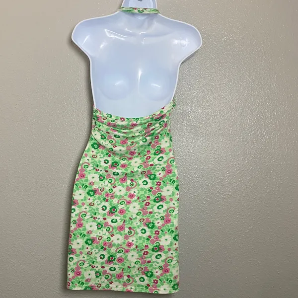 Y2K Green Halter Dress Medium Flower Print 2000s Party Club Rave Retro Casual - Image 2