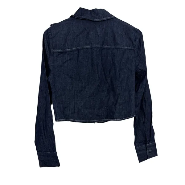 Avec Les Filles Shirt Womens Size Small Blue Denim Ruffle Front Cropped Top - Image 6
