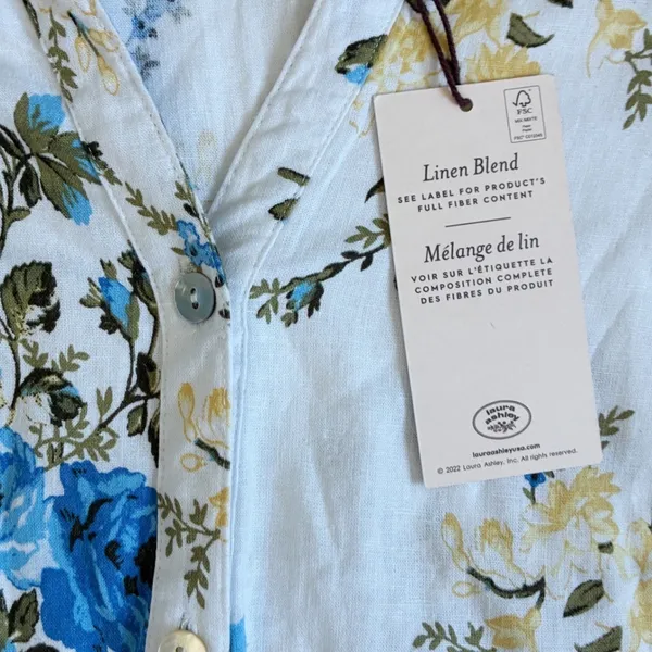 Laura Ashley Linen Blend Floral Midi Dress White Blue Yellow Button Front Size S - Image 4