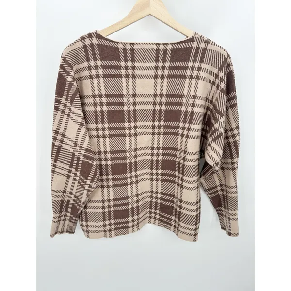 Adrienne Vittadini Brown Plaid Boxy Sweater Sz M‎ Quiet Luxury Minimal Neutral - Image 2