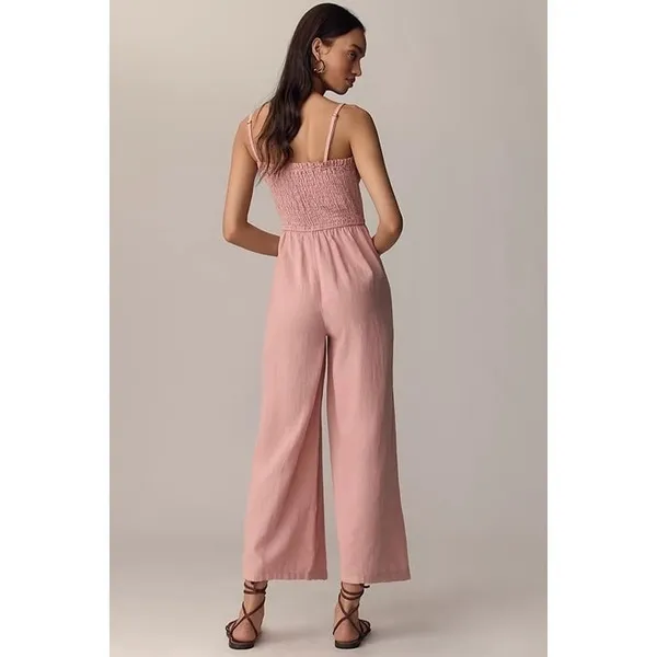 Jumpsuit Sz‎ L Smocked Stretch Pink Pull On Wide Leg High Rise Tank Cisono - Image 3
