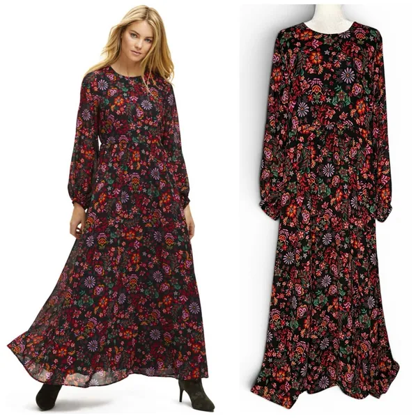 Floral Maxi Dress 2XL‎ Cottagecore Peasant Folklore Semi Sheer Long Sleeve Lined - Image 2