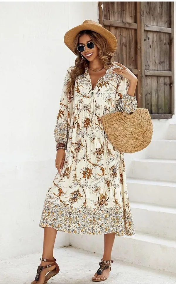 NEW Long Sleeve Floral Print Retro V Neck Tassel Bohemian Midi Dress 2X - Image 3