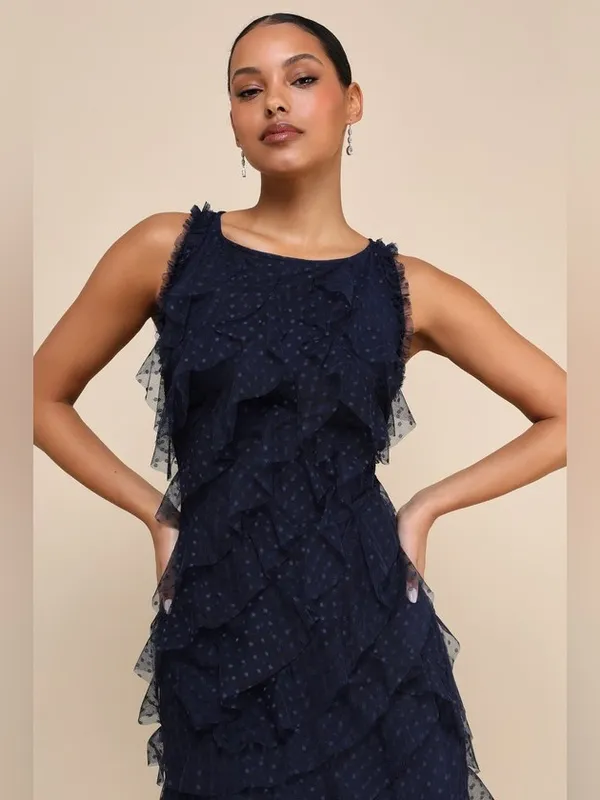 Lulu's Striking Aesthetic Navy Blue Mesh Ruffled Swiss Dot Maxi Dress - Image 3