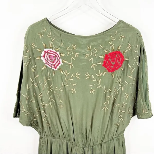 Anthropologie Seen‎ Worn & Kept Embroidered Satin Jumpsuit S Green Boho Chic - Image 5