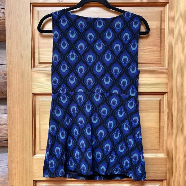 VTG Y2K Womens Blue Peacock Feather Sheer Mesh Babydoll Tank Top Size Small Boho - Image 2