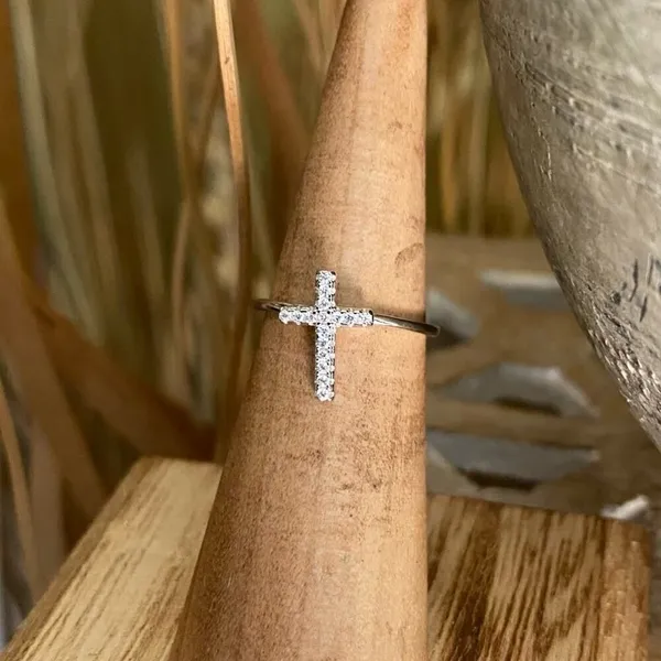 White Gold Sterling Silver Cross CZ Ring Silver Size 4 - Image 5