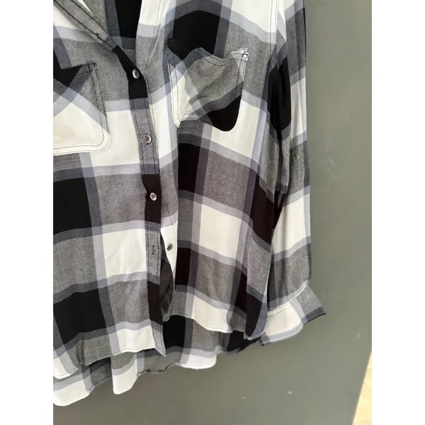 Rock & Republic Womens Black White Plaid Button Down Rayon Shirt Large Fall - Image 2