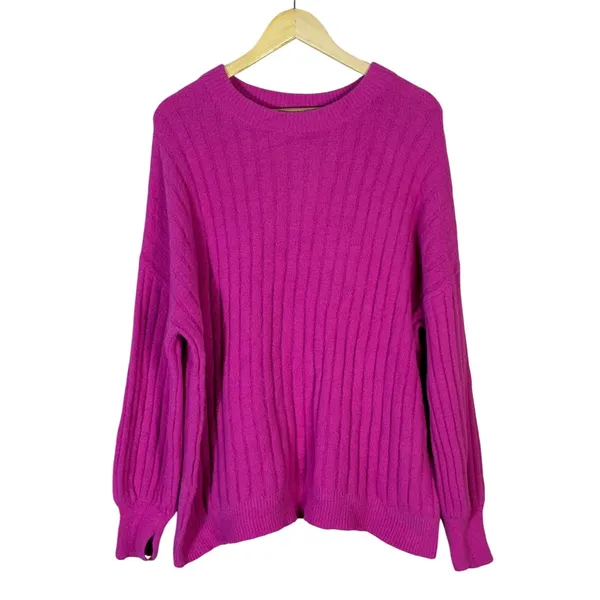 Aerie Ribbed Knit Pullover Magenta Pink Split Cuff Relaxed Sweater Size XS - Image 2