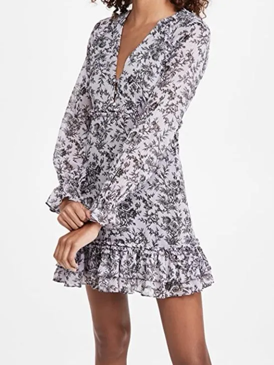 LIKELY Amber Dress Lavender Black Floral Ruffle Long Sleeve Mini Dress 00 NWT - Image 6