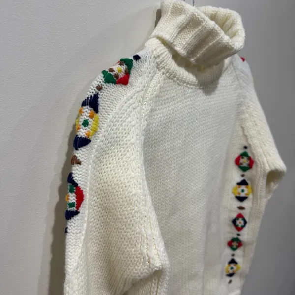 American Vintage Vtg 70's Crewel Embroidered Knit Sweater Dayne Taylor White Turtleneck,‎ Small - Image 3