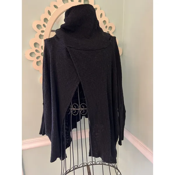 Free People Small FP Beach Boho Black‎ Sweater Cowl Neck Light Poncho Shawl Wrap - Image 8