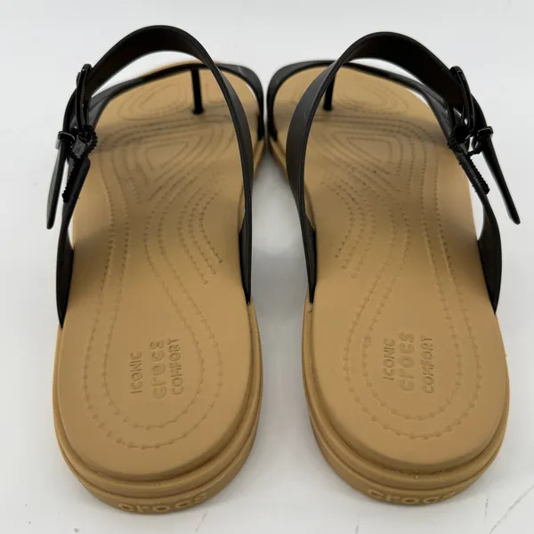 Crocs Tulum Toe Post Sandal Black Tan Women 11 Strappy Slip On Flip Flop Buckle - Image 4