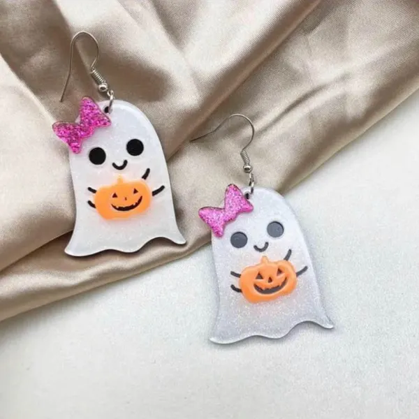 Boutique Halloween Ghost Earrings with Sparkling Pumpkin & Bows - Image 4