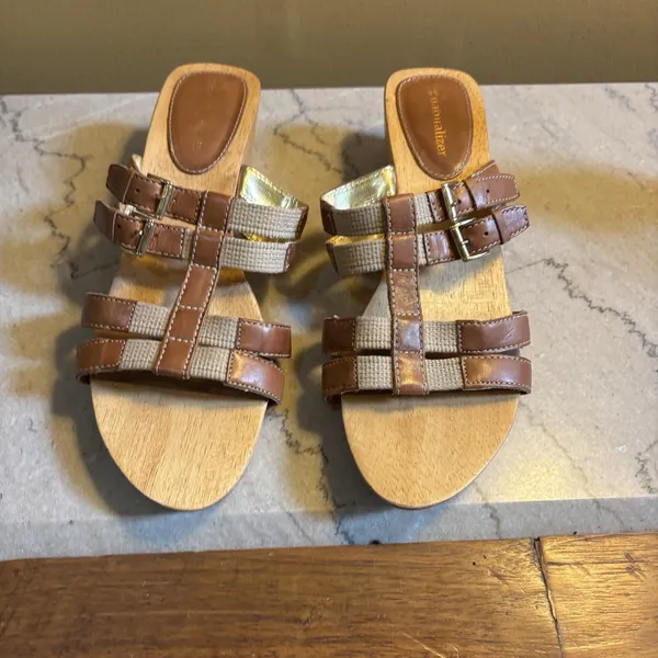 Naturalizer‎ Athina Sandals Women Size 9 Brown Wood Soles Slip-On Slide T-Strap - Image 2