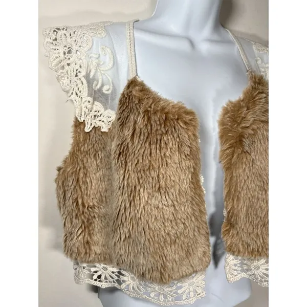 MYSTREE Faux Fur Lace Vest Shrug Brown Cream Boho Hippie Festival Size Small‎ - Image 2