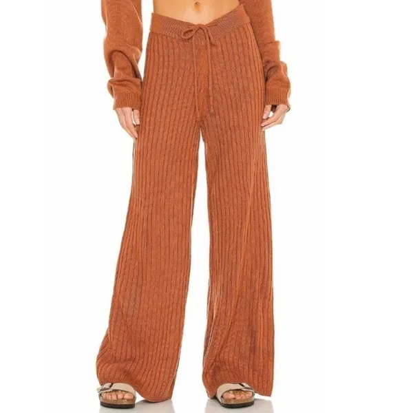 SNDYS Hendrix Ribbed Knit Drawstring Pants Burnt Orange Wide Leg Lounge Pants M - Image 2