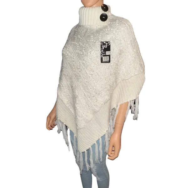 Sequined Fringe Turtleneck Poncho White - Image 6