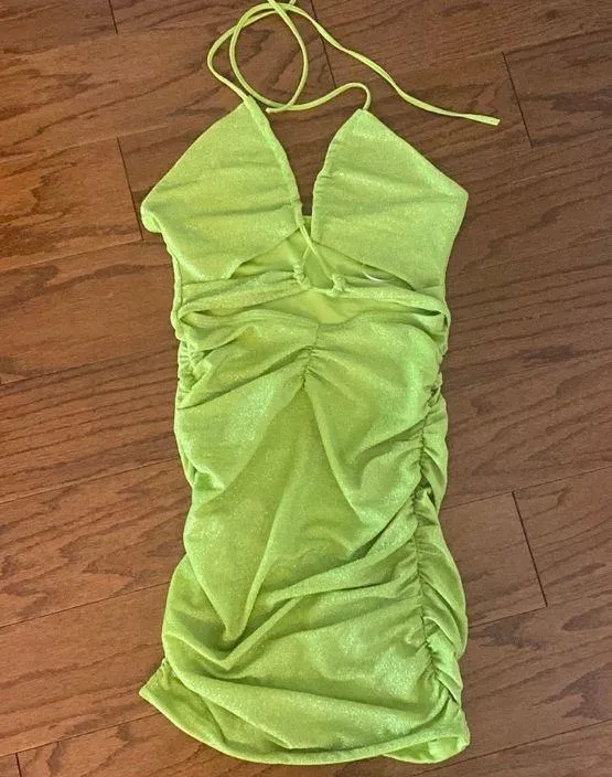 SheIn fluorescent sparkling yellow /green backless dress. Size small - Image 3