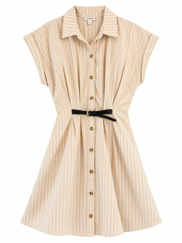 Anthropologie Maeve Faye Shirtdress Womens M Honey Tan Striped Belted Mini - Image 6
