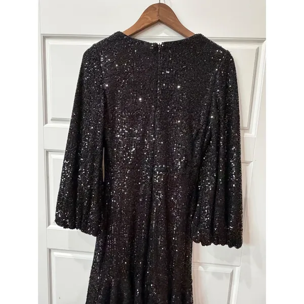 Eliza J Black Sequin Long‎ Sleeve Mini Wrap Dress Size 4 Glam Party Holiday - Image 7