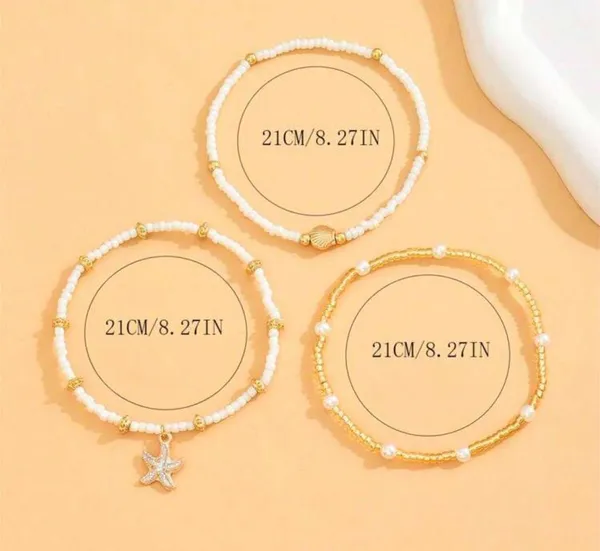 Handmade 3pcs/Set Women Simple White Rice Bead/Faux Pearl Beaded Anklet With Golden Starfish & Seashell Charms, Suitable For Daily Wear And Vacation - Image 7