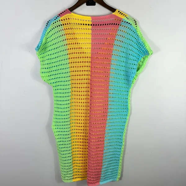 Rainbow Crochet Cover Up Medium Colorblock‎ Festival Dopamine Dressing Beach Y2K - Image 4