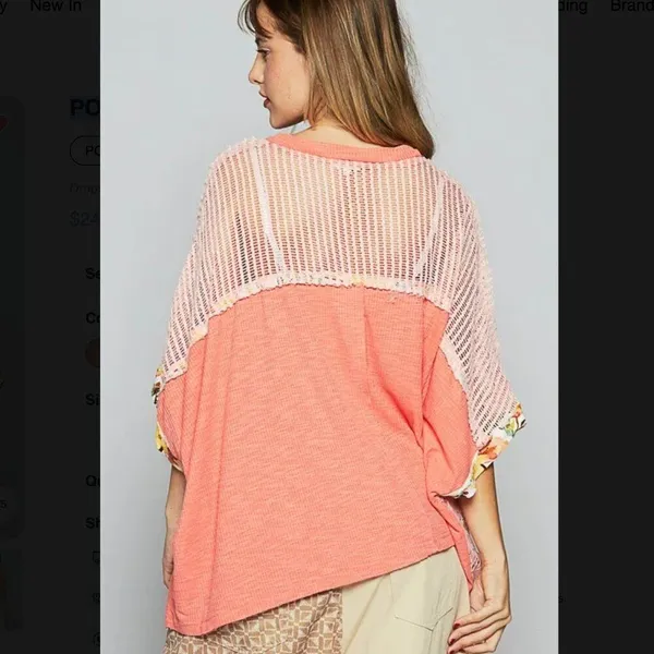 POL NEW Hollow Out Floral Half Sleeve Knit Top in coral - small - Image 3
