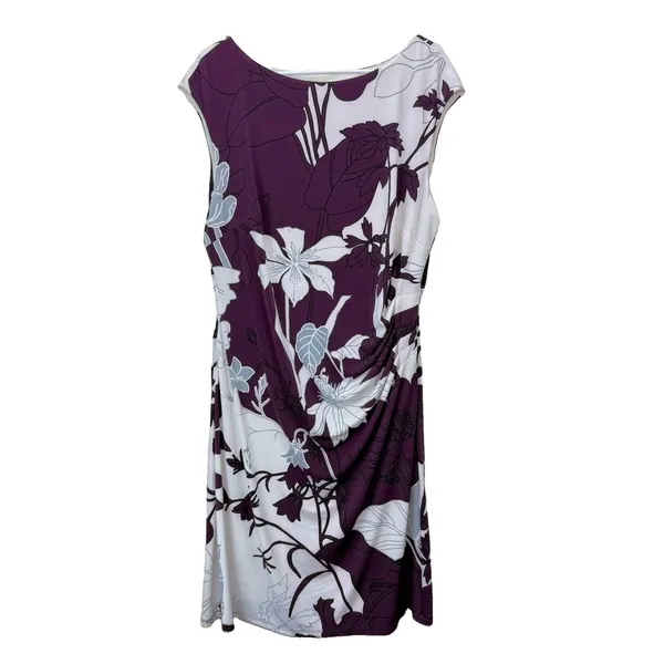 Ralph Lauren Purple Ivory Floral‎ Ruched Stretch Sleeveless Sheath Dress Size 18 - Image 3