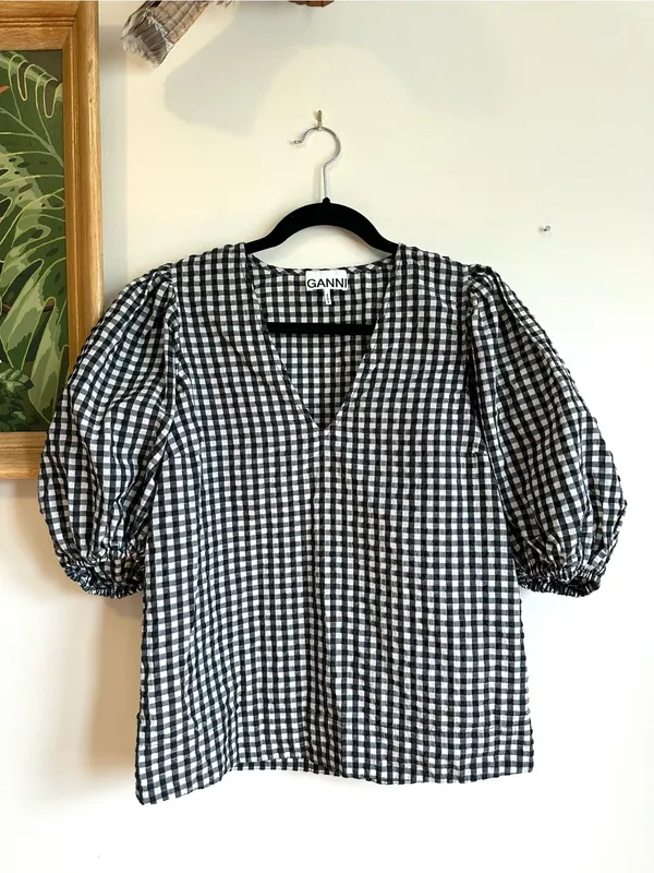 Ganni Seersucker Check Plaid Balloon Sleeve Blouse Womens 36 4 Black White - Image 2