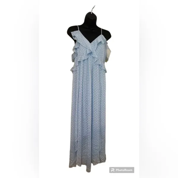 CHELSEA 28 Light Blue Ruffle Neck Spaghetti Strap MIDI Dress size Medium EUC - Image 2