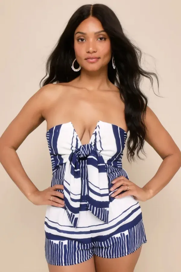 Lulus Delphi Blue & White Striped Tie-Front Strapless Romper - Size XS - Image 8