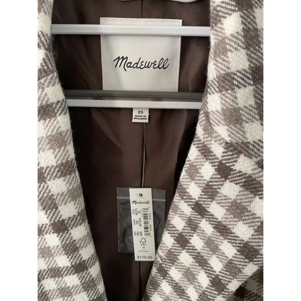 Madewell Gingham Check Blazer Brown White Wool Notched Lapel XS NWT - Image 4