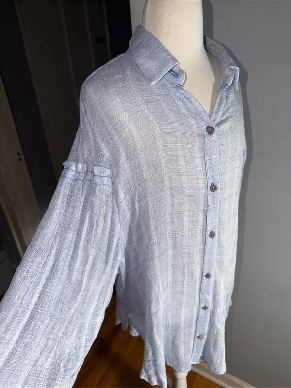 Free People Light Blue & White Striped Button-Down Top - Image 5