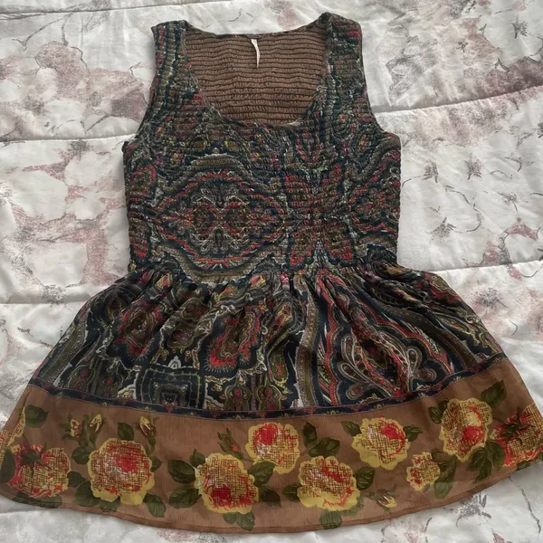 Free People brown floral smocked fit & flare lined blouse, size XS bohemian - Image 8