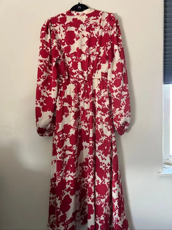Melloday Red & Cream Floral Faux Wrap Long Sleeve Maxi Dress Sz Small - Image 8