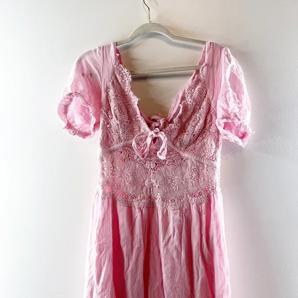 Free People All You Need Is Lace Short Sleeve Cotton Midi Dress Pink Large - Image 7