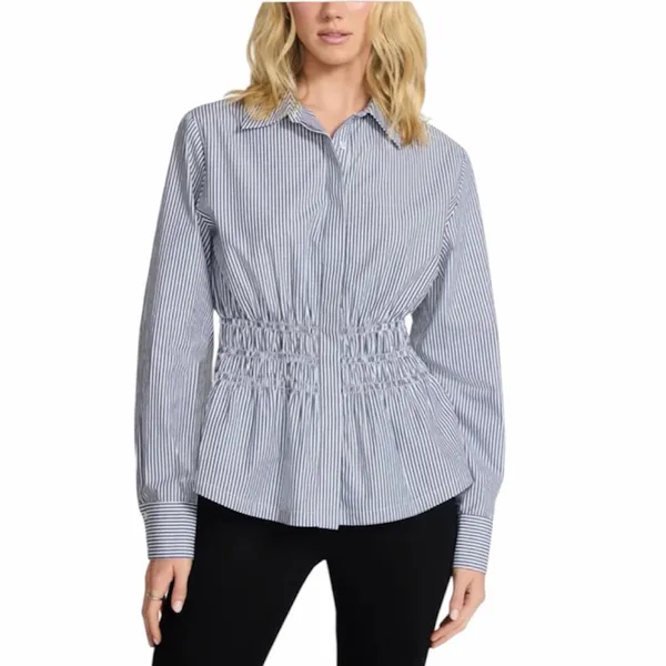 NEW Steve Madden Smock Waist Stripe Button Up 100% Cotton Longsleeve Top, Size M - Image 3