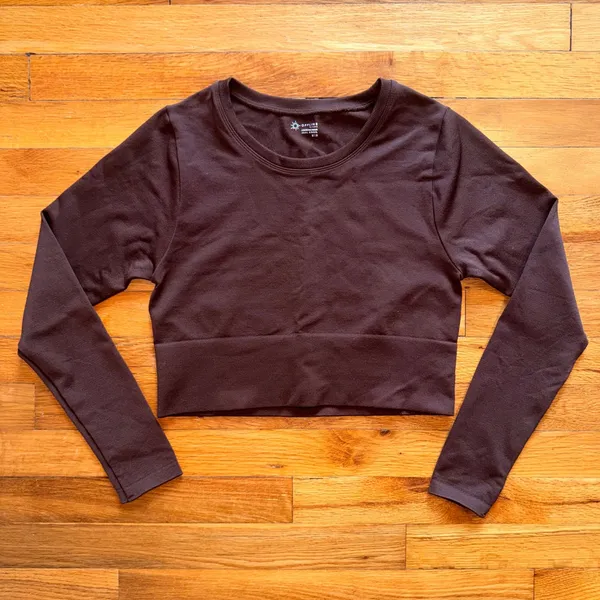 Aerie OFFLINE Sidewalk Seamless Long Sleeve Cropped T Shirt Brown Medium - Image 2