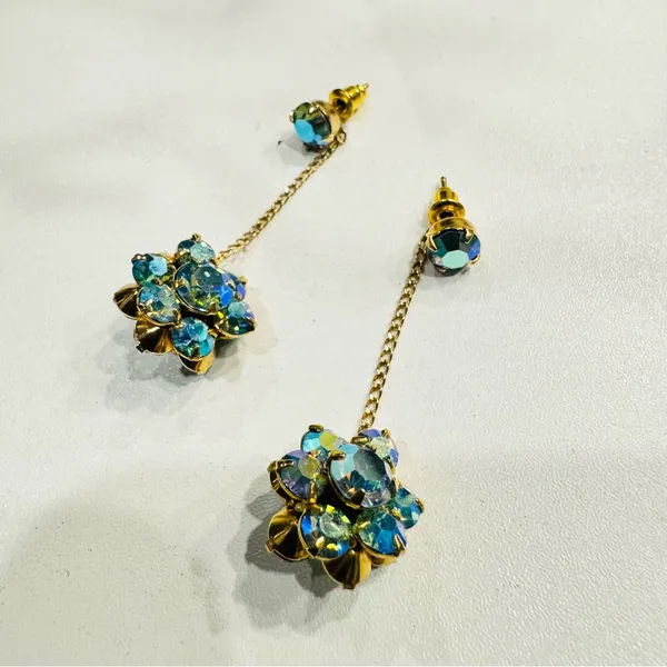 Gold Tone AB Crystal Drop Earrings | Vintage Style Chain Dangle Floral Cluster - Image 5
