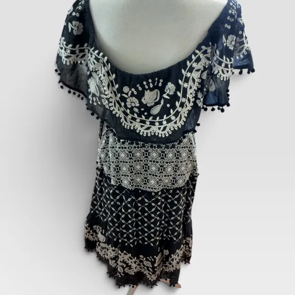 Anthropologie Black Embroidered Cotton Midi Dress Smocked Waist Pom Pom Trim 12 - Image 11