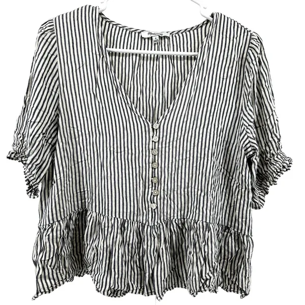 Madewell Courtyard Ruffle-Hem Blouse Top Striped V Neck Button Black White M - Image 2