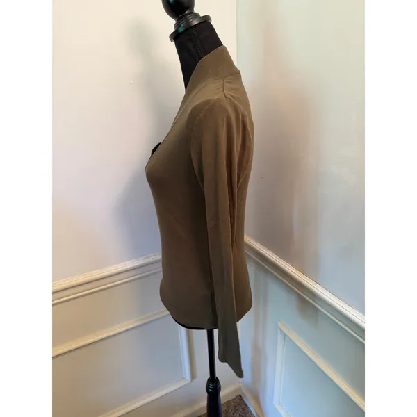 Lilla P 100% Cotton Long Sleeve Overlap V-Neck Top Olive Green Minimalist Layer - Image 4