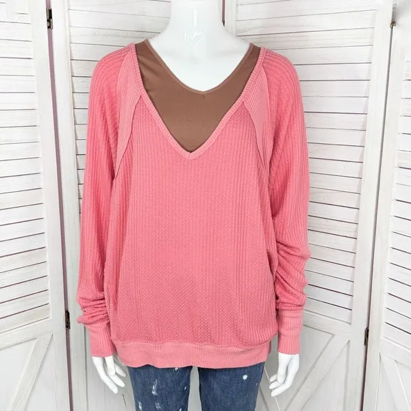 Free People Santa Clara Thermal‎ Oversized Shirt Coral Pink Orange Medium - Image 2
